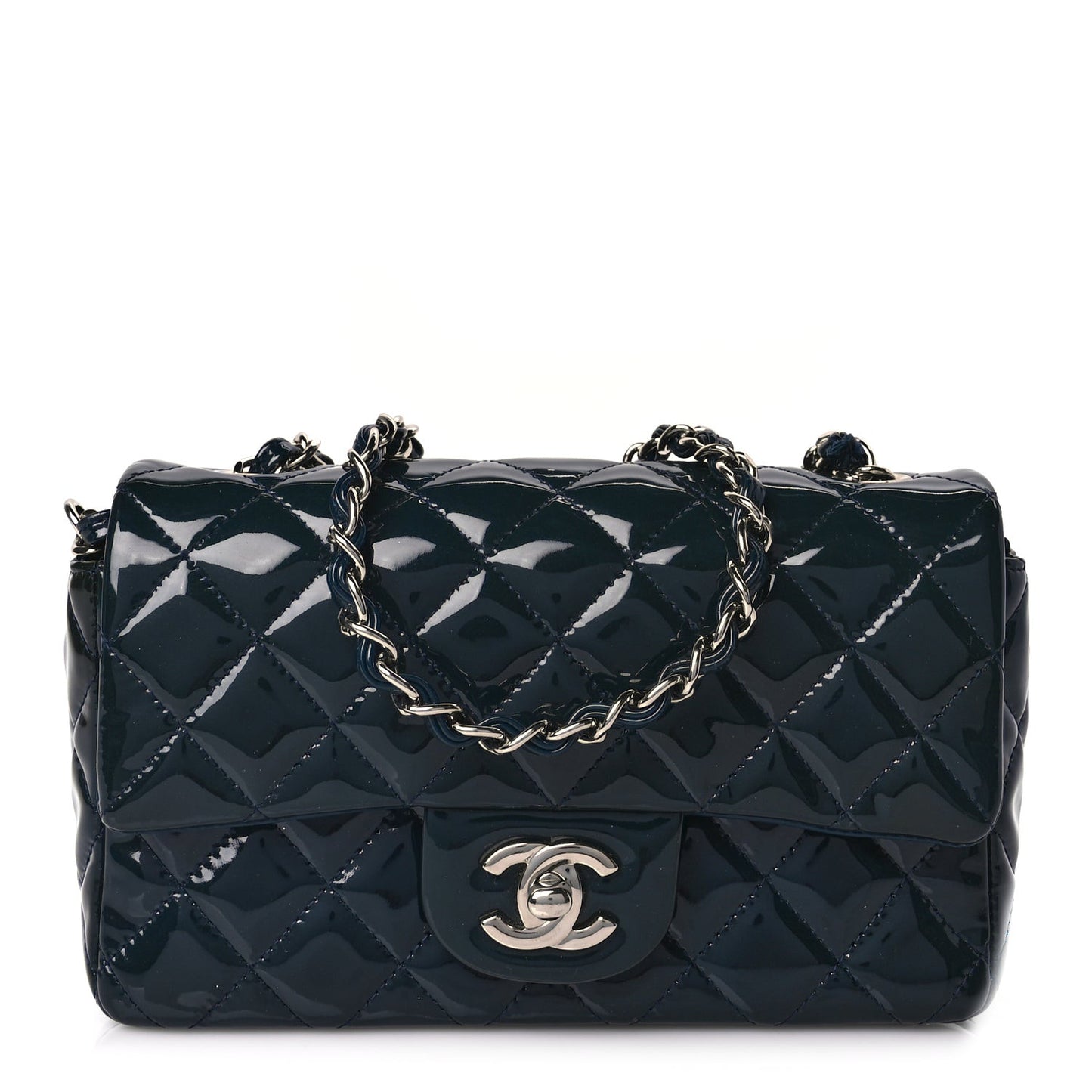 Patent Calfskin Quilted Mini Rectangular Flap Turquoise
