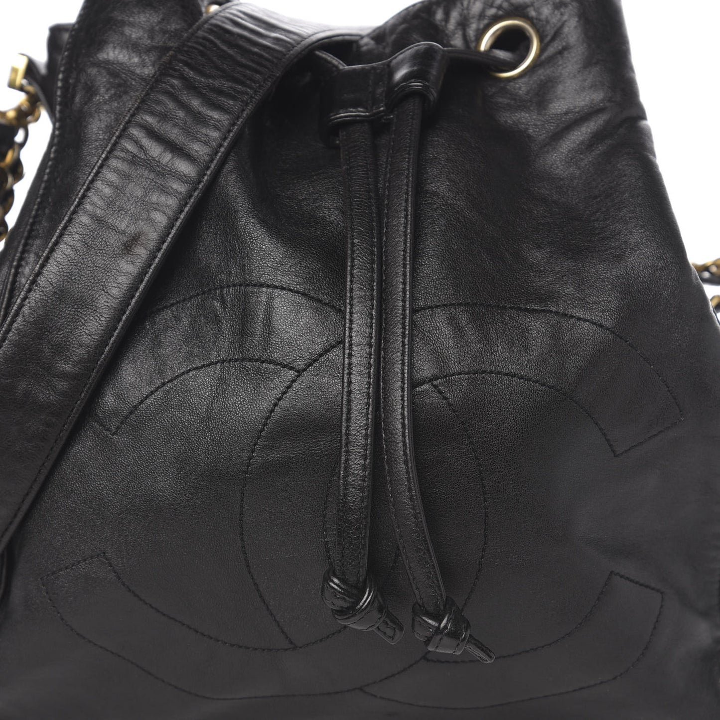Lambskin CC Stitched Drawstring Bucket Bag Black