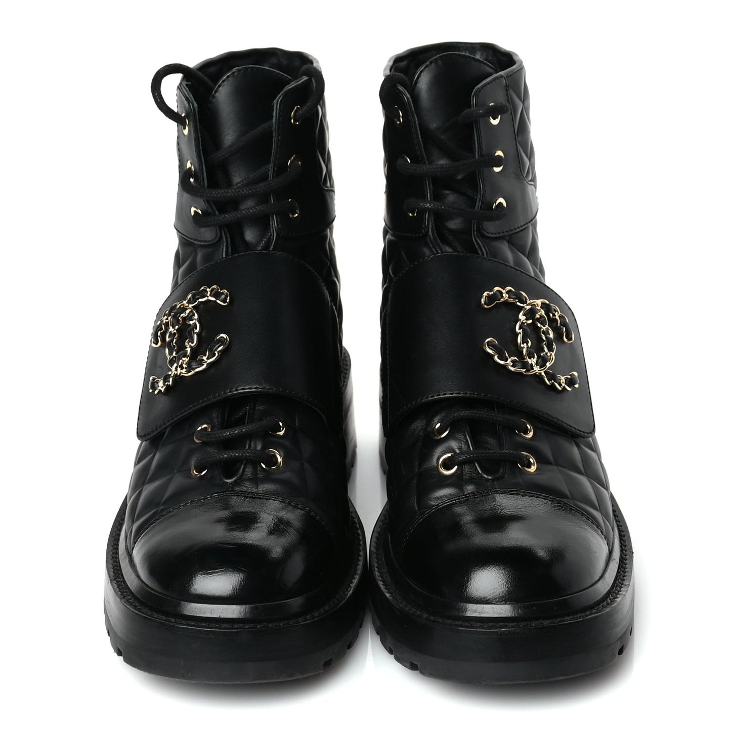 Shiny Calfskin Quilted Lace Up Combat Boots 39 Black