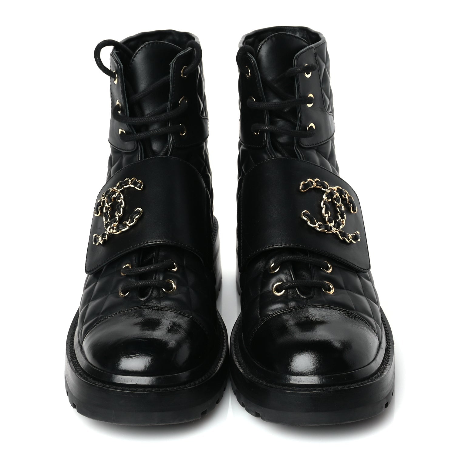 Chanel Shiny Calfskin Quilted Lace Up Combat Boots 39 Black 2 of 8