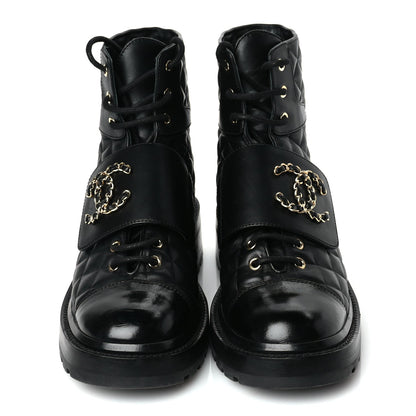 Chanel Shiny Calfskin Quilted Lace Up Combat Boots 39 Black 2 of 8