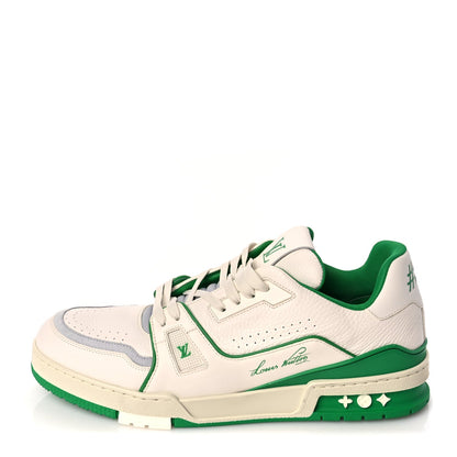 Louis Vuitton Grained Calfskin Script Mens LV Trainer Sneakers 10 Green 1 of 9