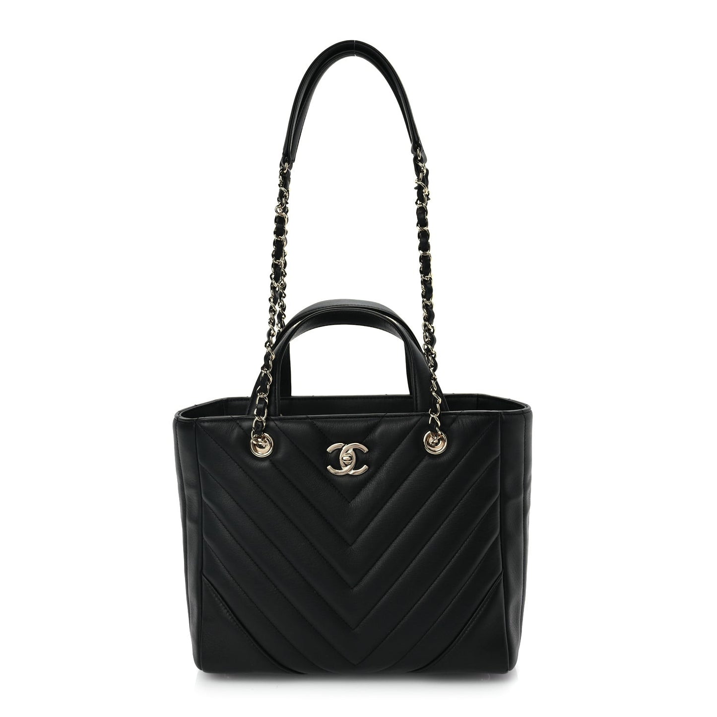 Calfskin Chevron Quilted Small Statement Shopping Tote Black