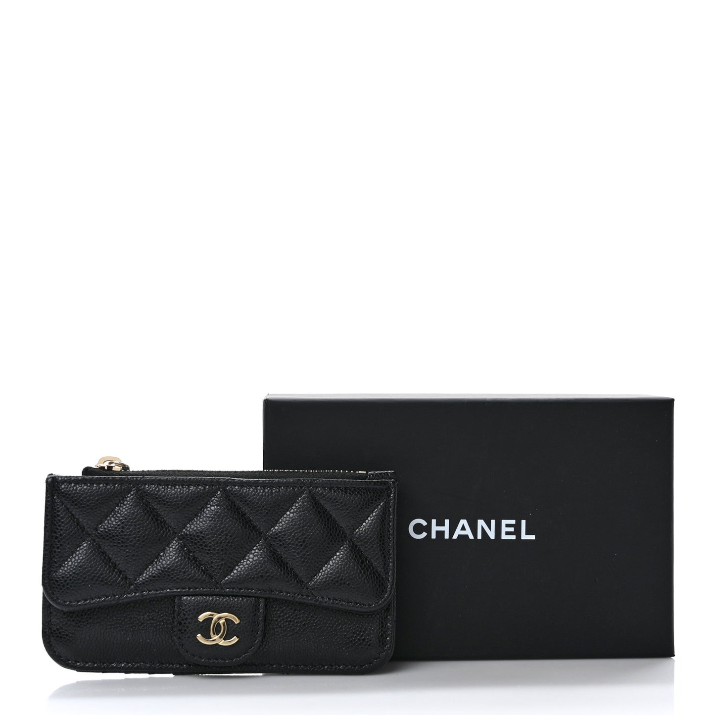 Caviar Quilted Flap Zip Card Holder Black
