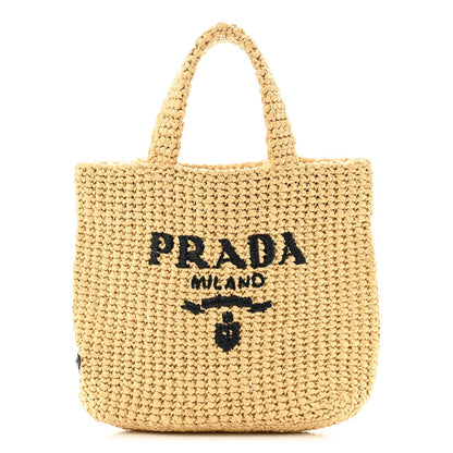 Prada Yarn Raffia Effect Crochet Embroidered Small Logo Tote Naturale 1 of 7