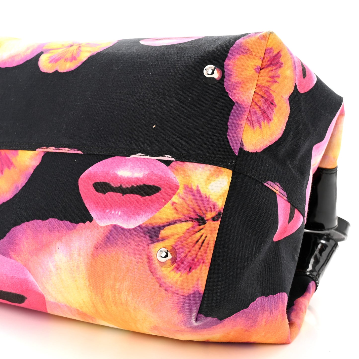 Patent Crystal Embellished Canvas Lips Print Tote Black Multicolor