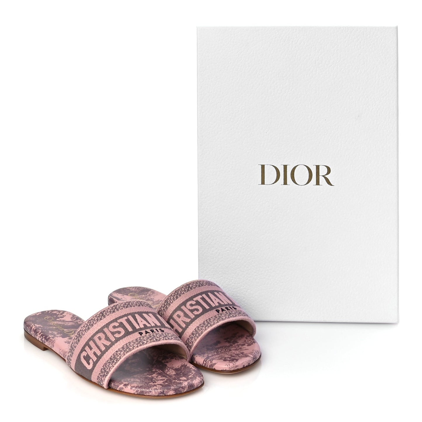 Canvas Toile De Jouy Embroidered Dway Flat Slide Sandals 35.5 Chateau Rose