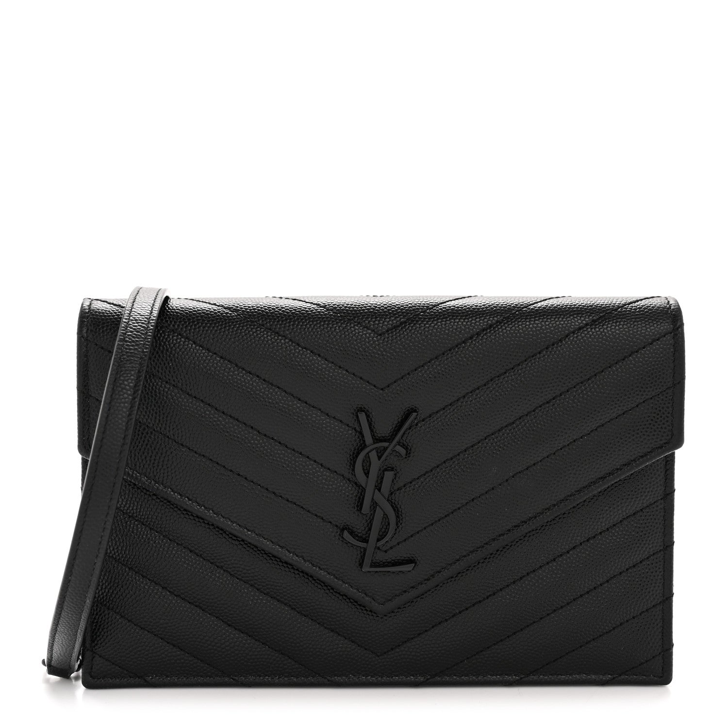 Saint Laurent Grain De Poudre Matelasse Chevron Monogram Monochrome Envelope Chain Wallet Black 1 of 13