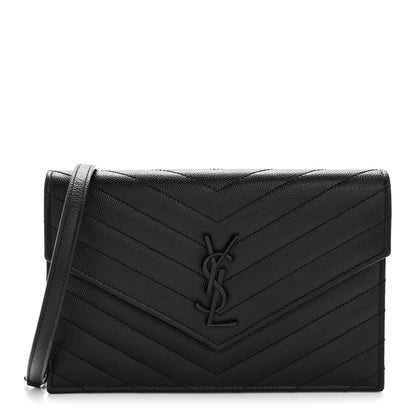Saint Laurent Grain De Poudre Matelasse Chevron Monogram Monochrome Envelope Chain Wallet Black 1 of 13