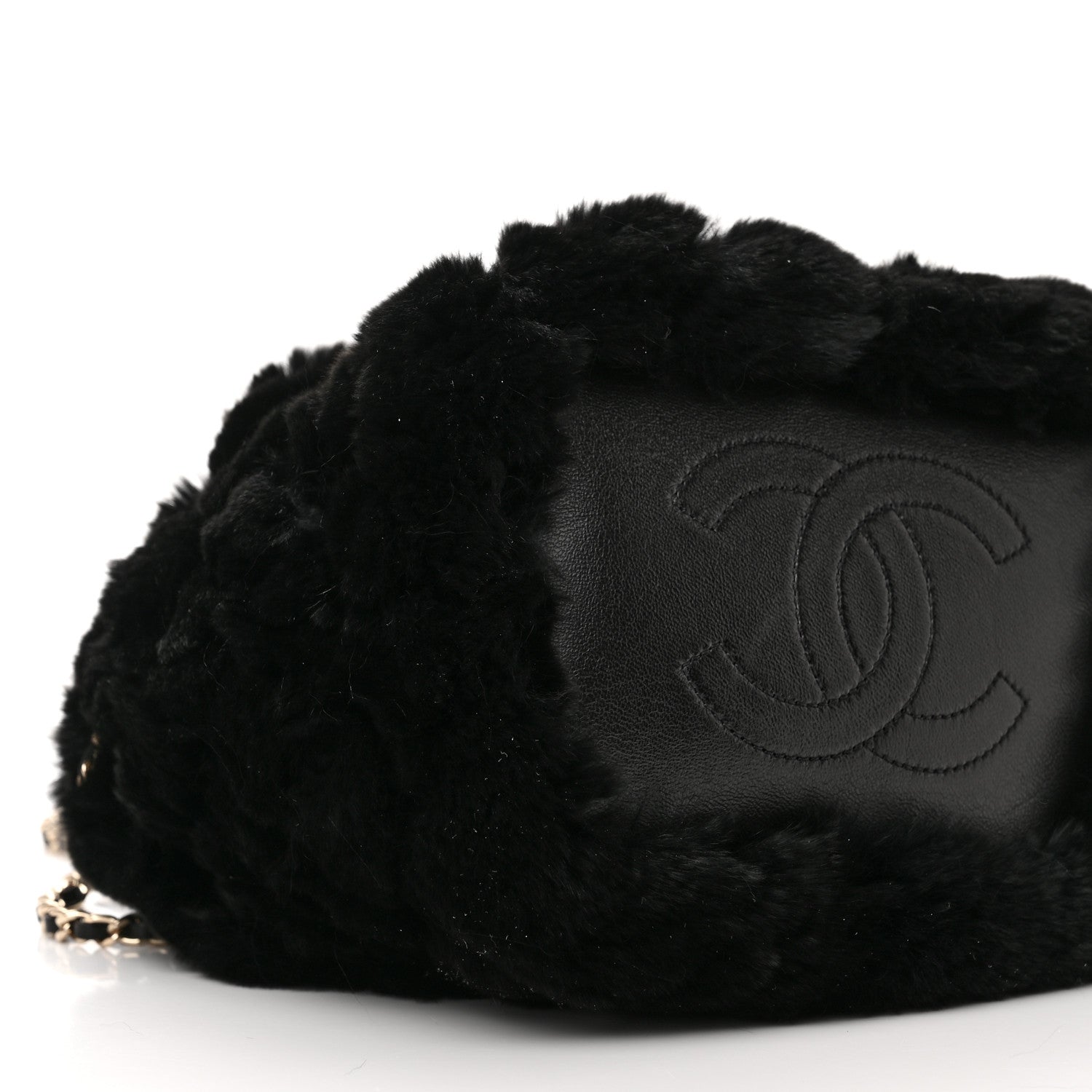 Chanel Fur Chain Drawstring Bucket Bag Black 9 of 11