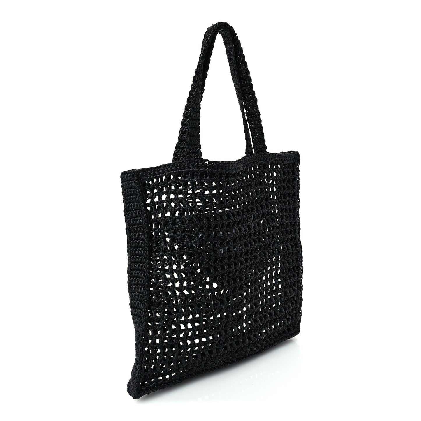 Yarn Raffia Effect Crochet Logo Embroidered Tote Bag  Black