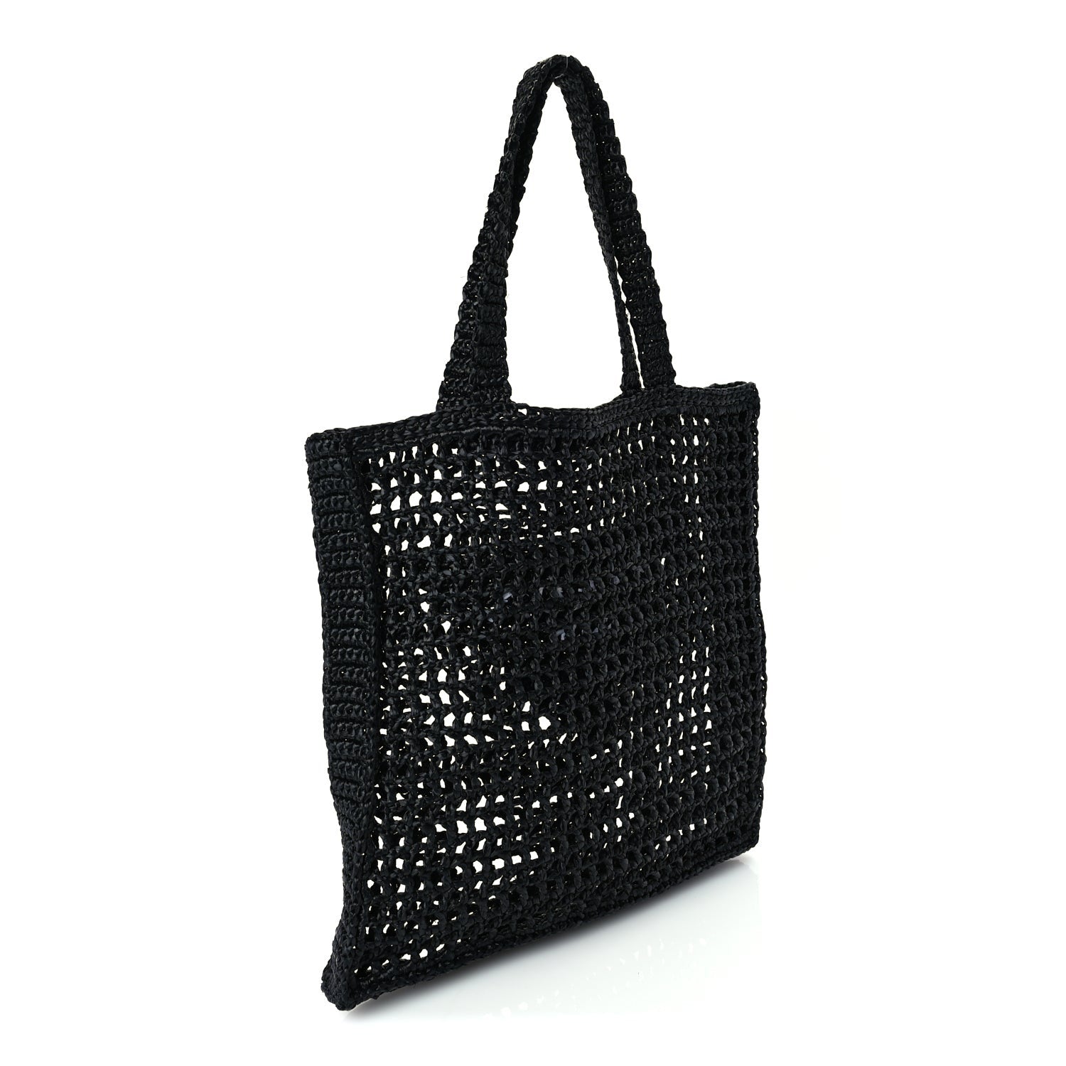 Prada Yarn Raffia Effect Crochet Logo Embroidered Tote Bag  Black 2 of 8