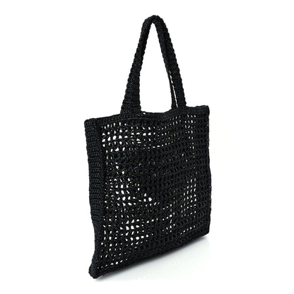 Prada Yarn Raffia Effect Crochet Logo Embroidered Tote Bag  Black 2 of 8