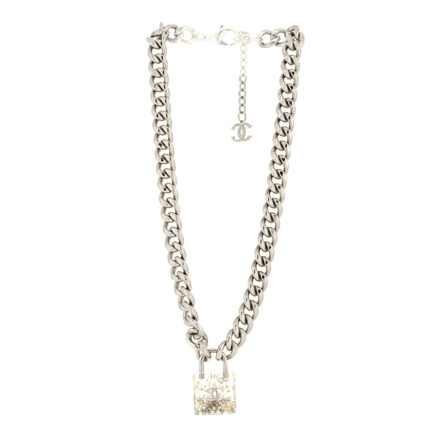 Chanel Resin CC Oversized Padlock Chain Necklace Silver Pearly White 3 of 5