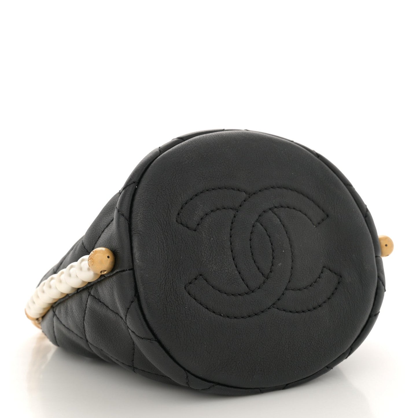 Calfskin Quilted Pearl Mini About Pearls Drawstring Bucket Bag Black