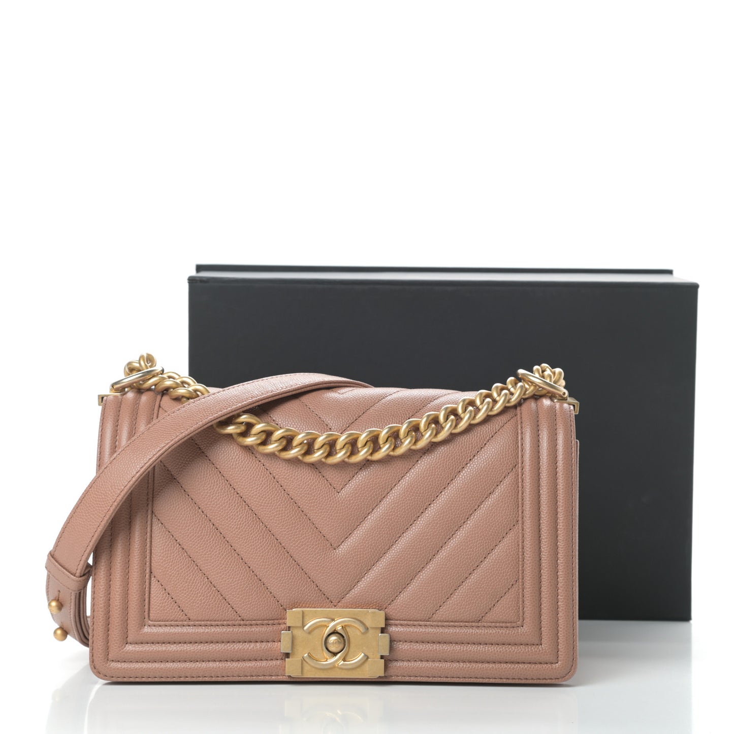 Caviar Chevron Quilted Medium Boy Flap Dark Beige