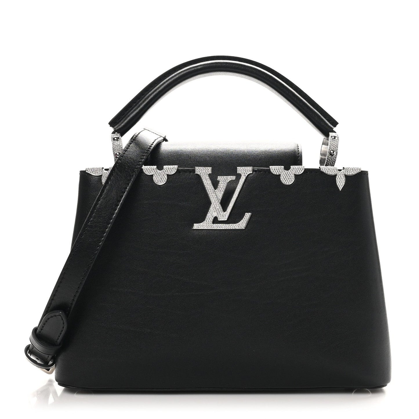 Smooth Calfskin Crystal Flowers Capucines BB Black