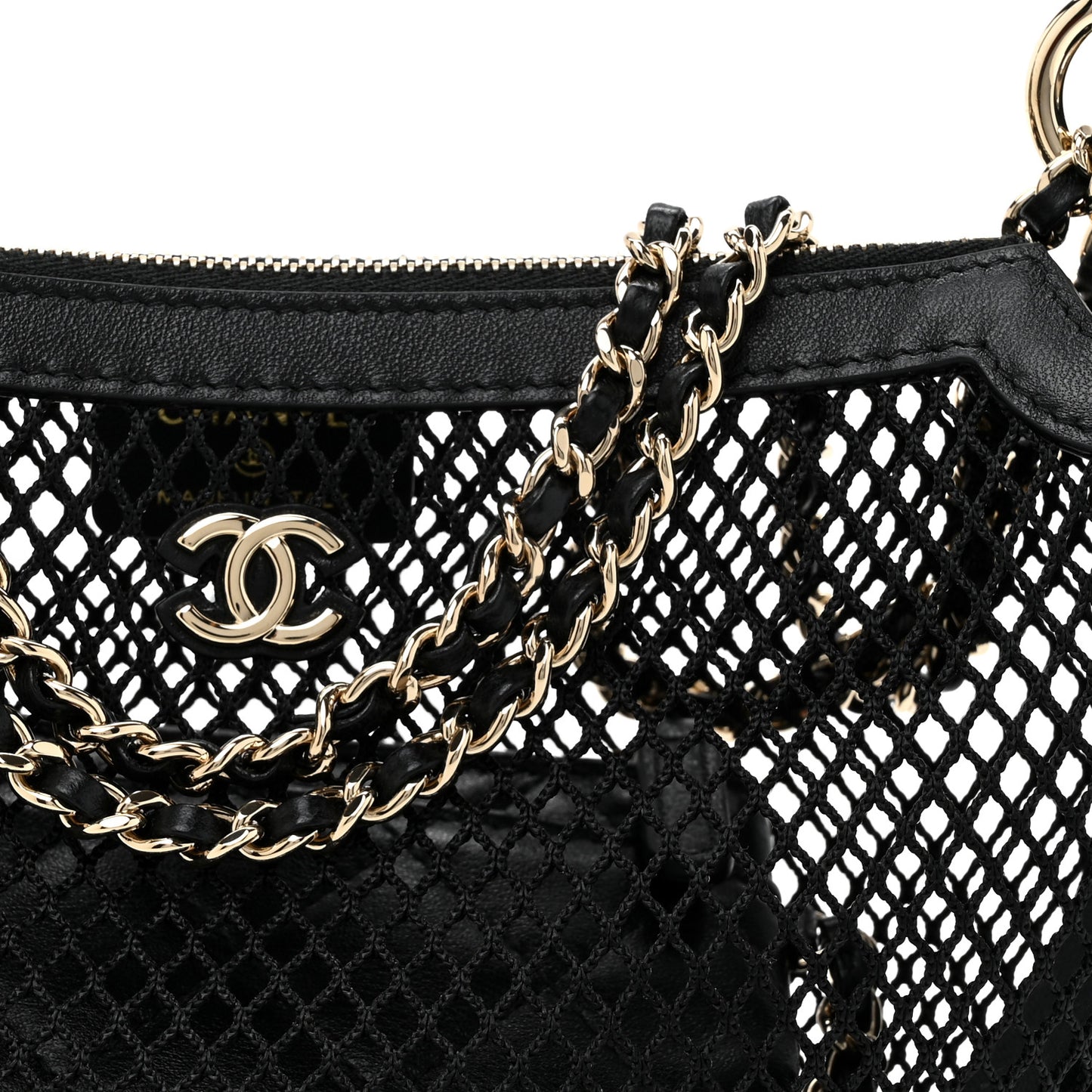 Mesh Shiny Lambskin Chain Hobo Black