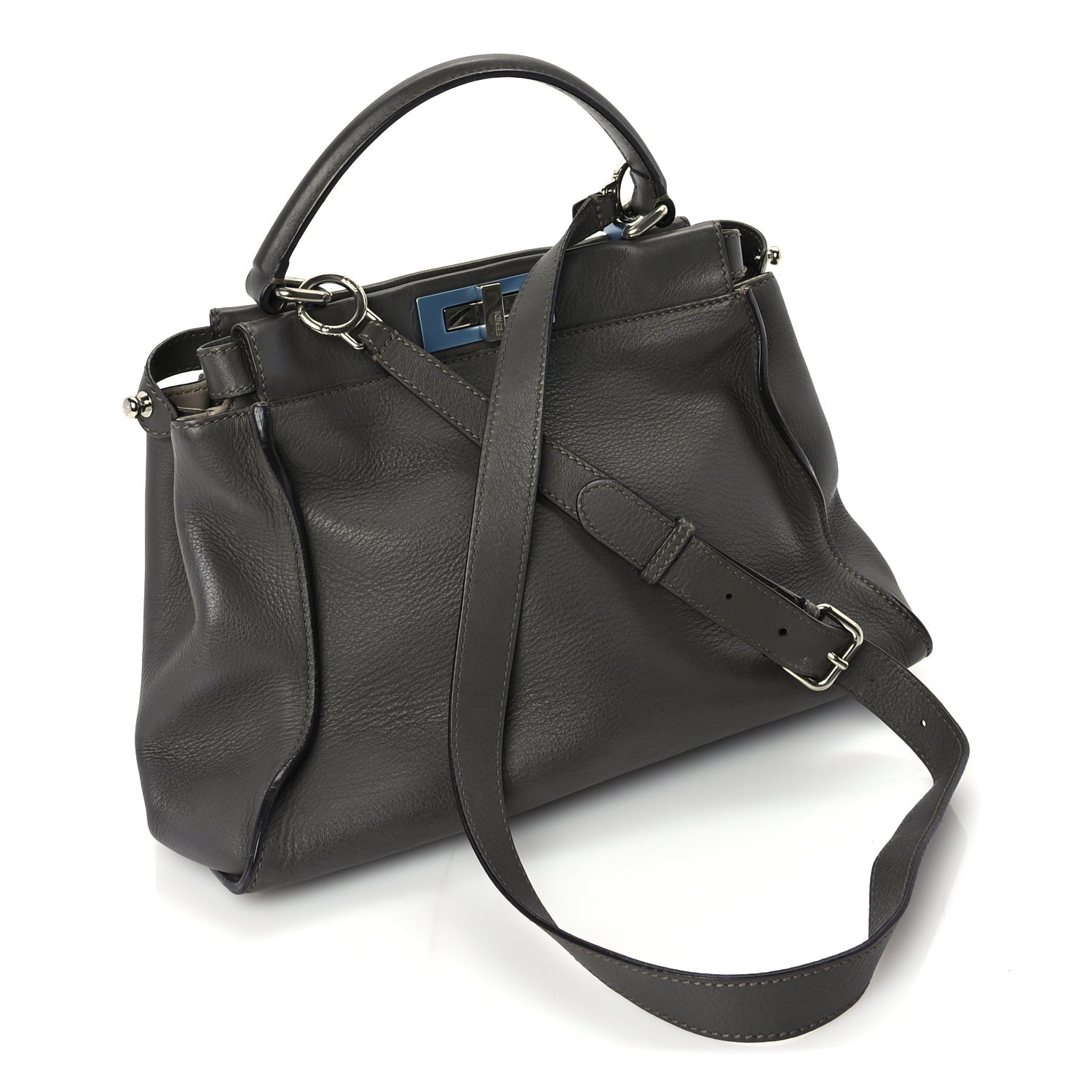 Fendi Vitello Seta Shiny Nappa Medium Peekaboo Iconic Satchel  Carbone Grigio Polvere 2 of 8