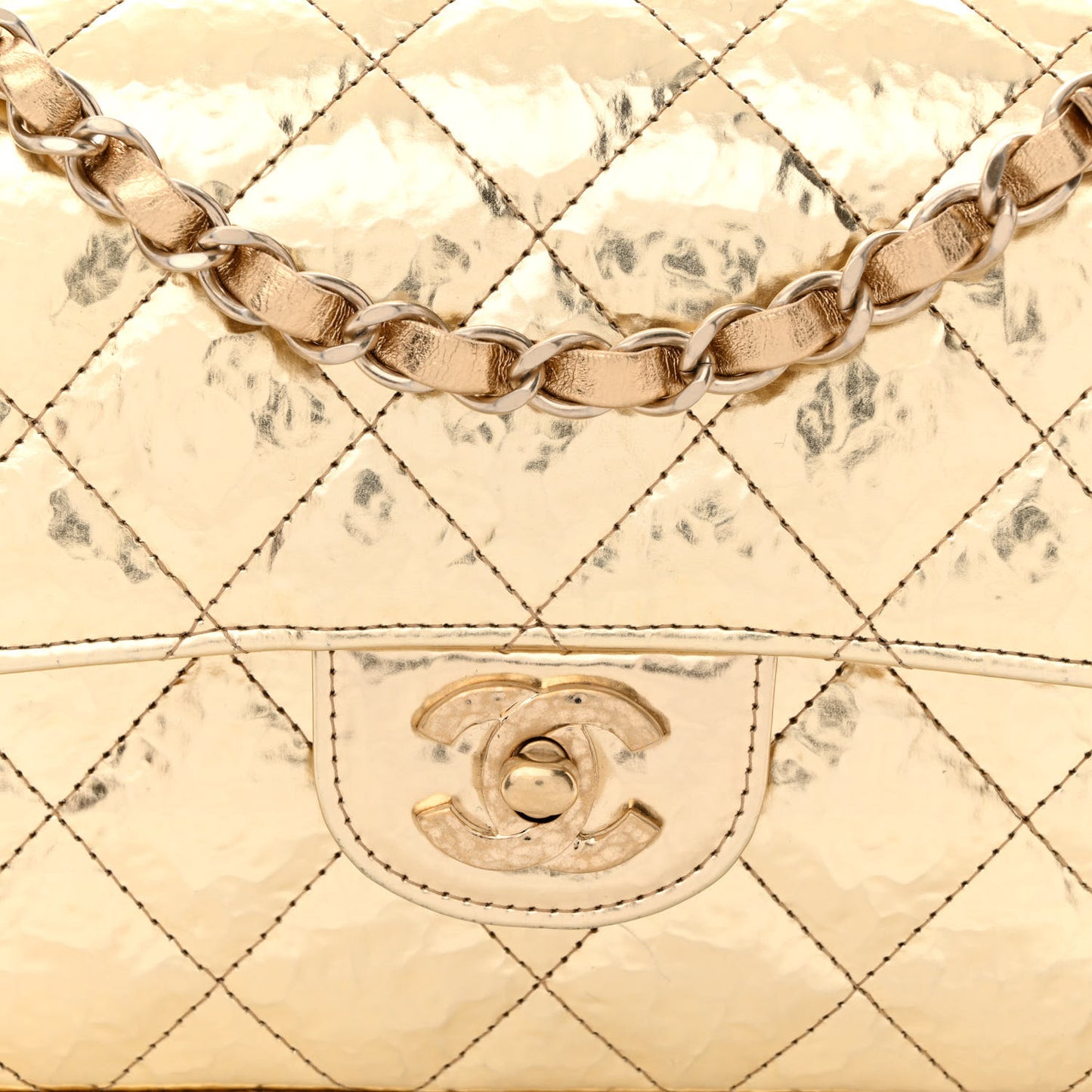 Hammered Metallic Calfskin Quilted Small Double Flap Gold
