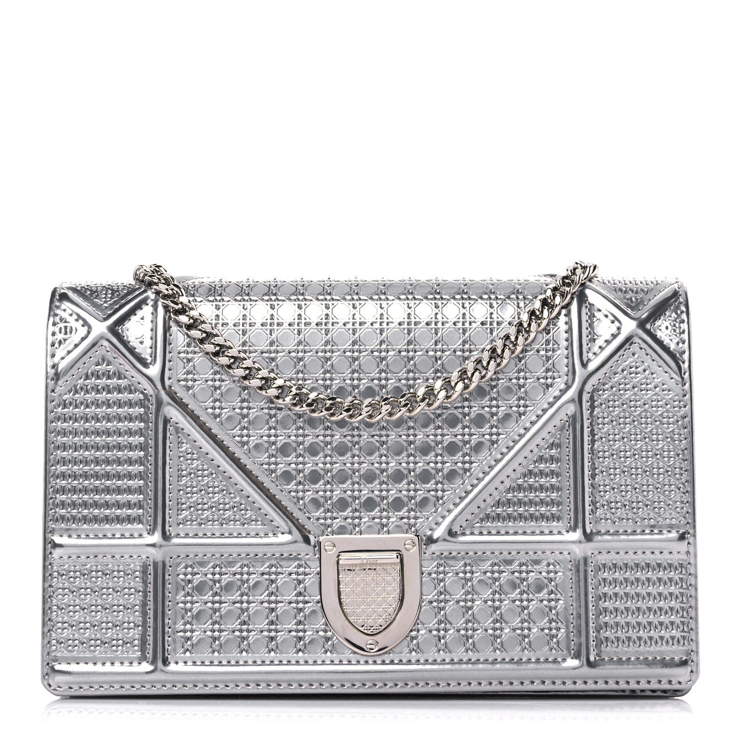 Metallic Patent Micro-Cannage Diorama Wallet on Chain Pouch Silver