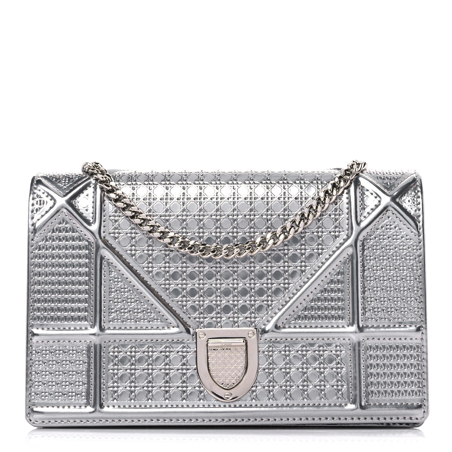 Christian Dior Metallic Patent Micro-Cannage Diorama Wallet on Chain Pouch Silver 1 of 12