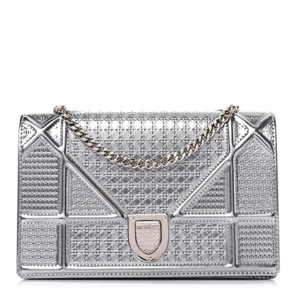 Christian Dior Metallic Patent Micro-Cannage Diorama Wallet on Chain Pouch Silver 1 of 12