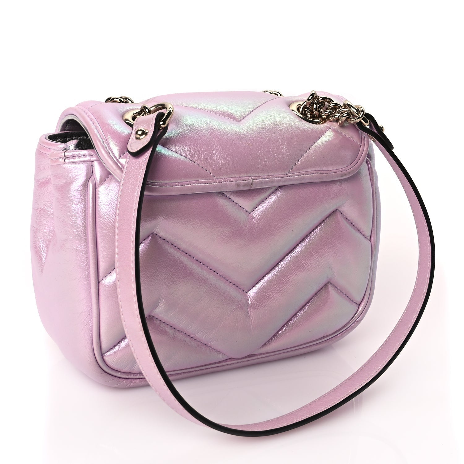 Gucci Iridescent Nappa Chevron Matelasse Mini GG Marmont Shoulder Bag Iridescent Escape Pink 2 of 8