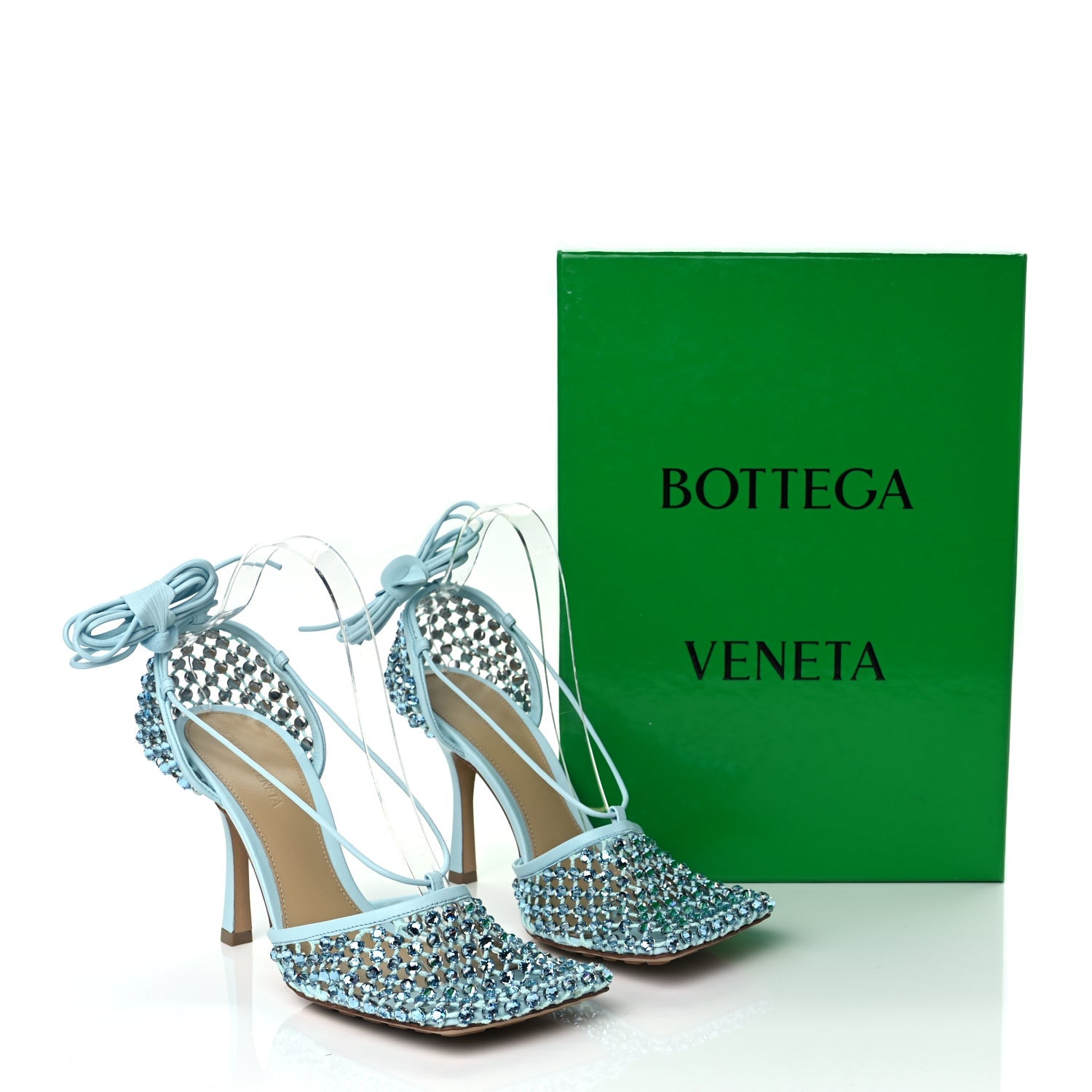 Bottega Veneta Mesh Nappa Crystal Embellished Sparkle Stretch Ankle Tie 90mm Sandals 40 Pale Blue 9 of 9