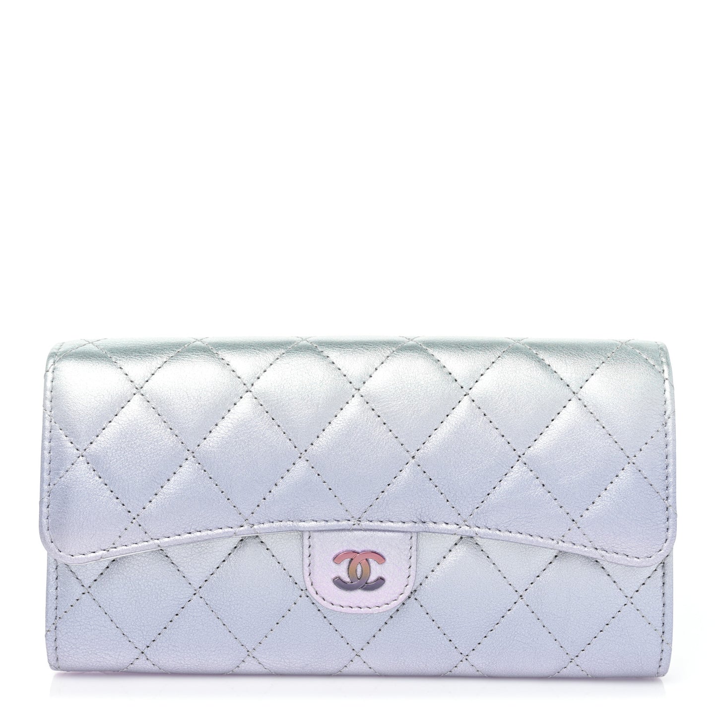 Gradient Metallic Calfskin Quilted Large Gusset Flap Wallet Silver Blue Yellow Purple