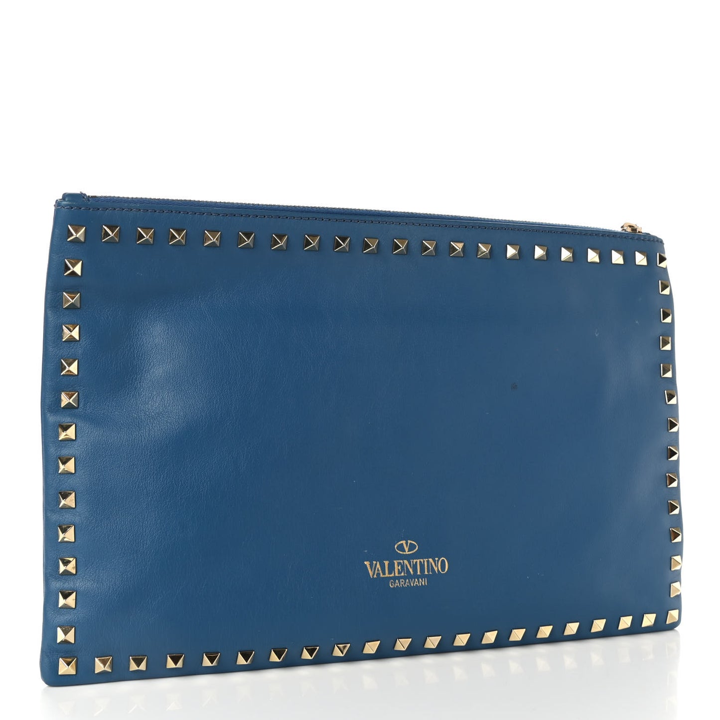 Vitello Large Rockstud Zip Wristlet Pouch Blu Delft