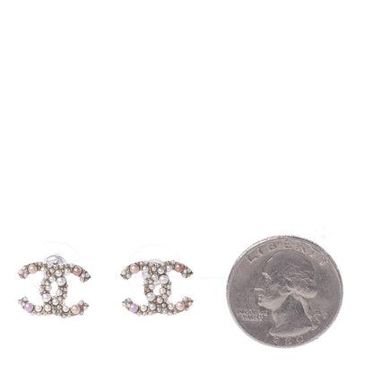Chanel Pearl Crystal CC Charms Stud Earrings Light Gold Pink 2 of 6