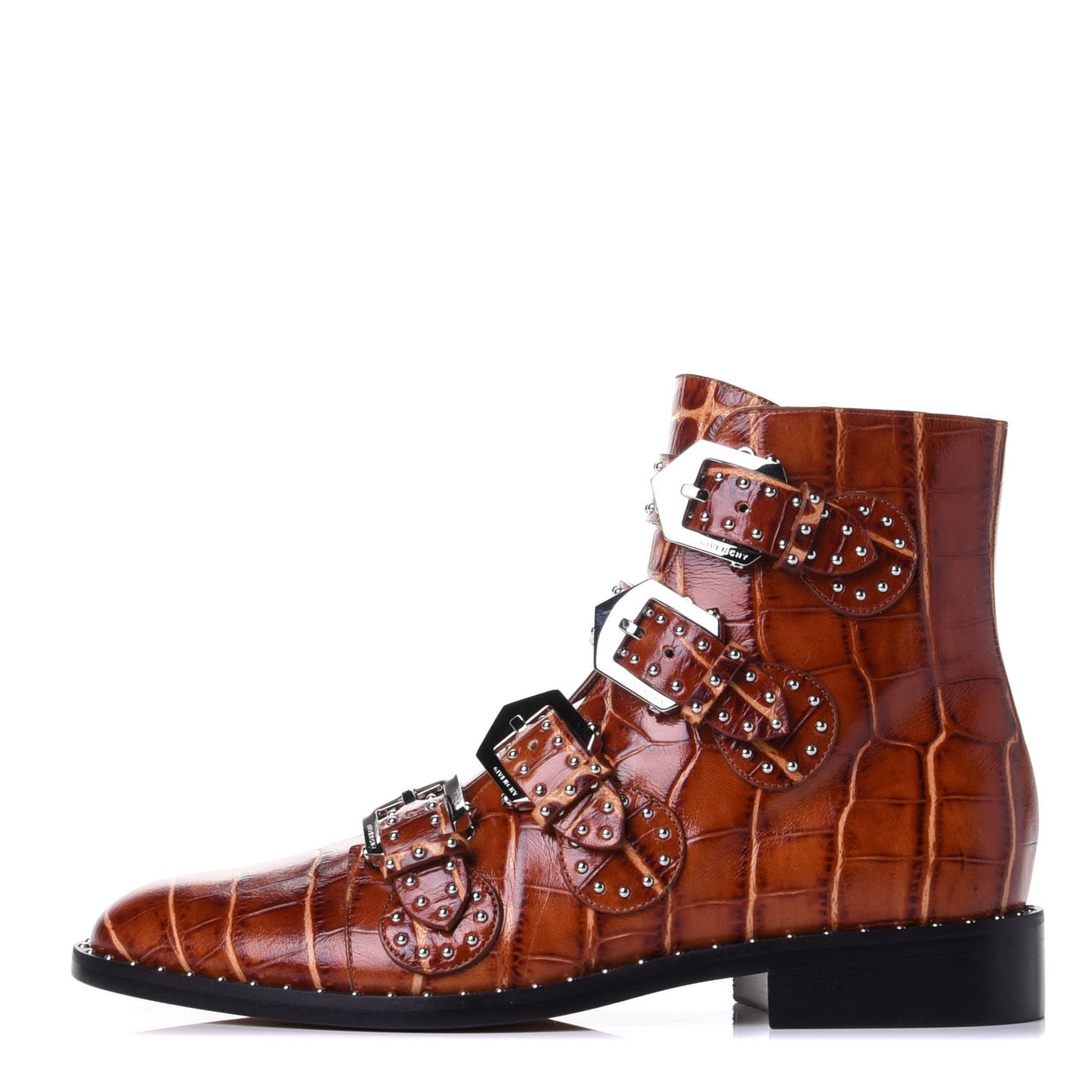 Crocodile Embossed Calfskin Studded Elegant Flat Bootie 38.5 Brown