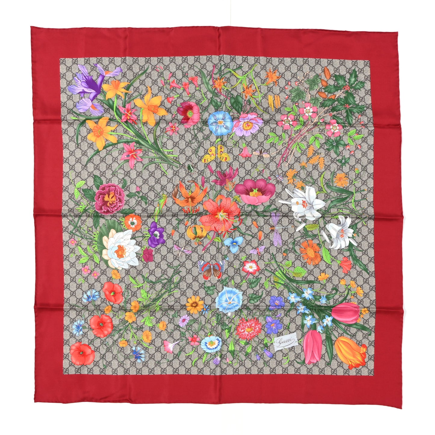 Silk Twill GG Monogram Special Florio Square Scarf Beige Red