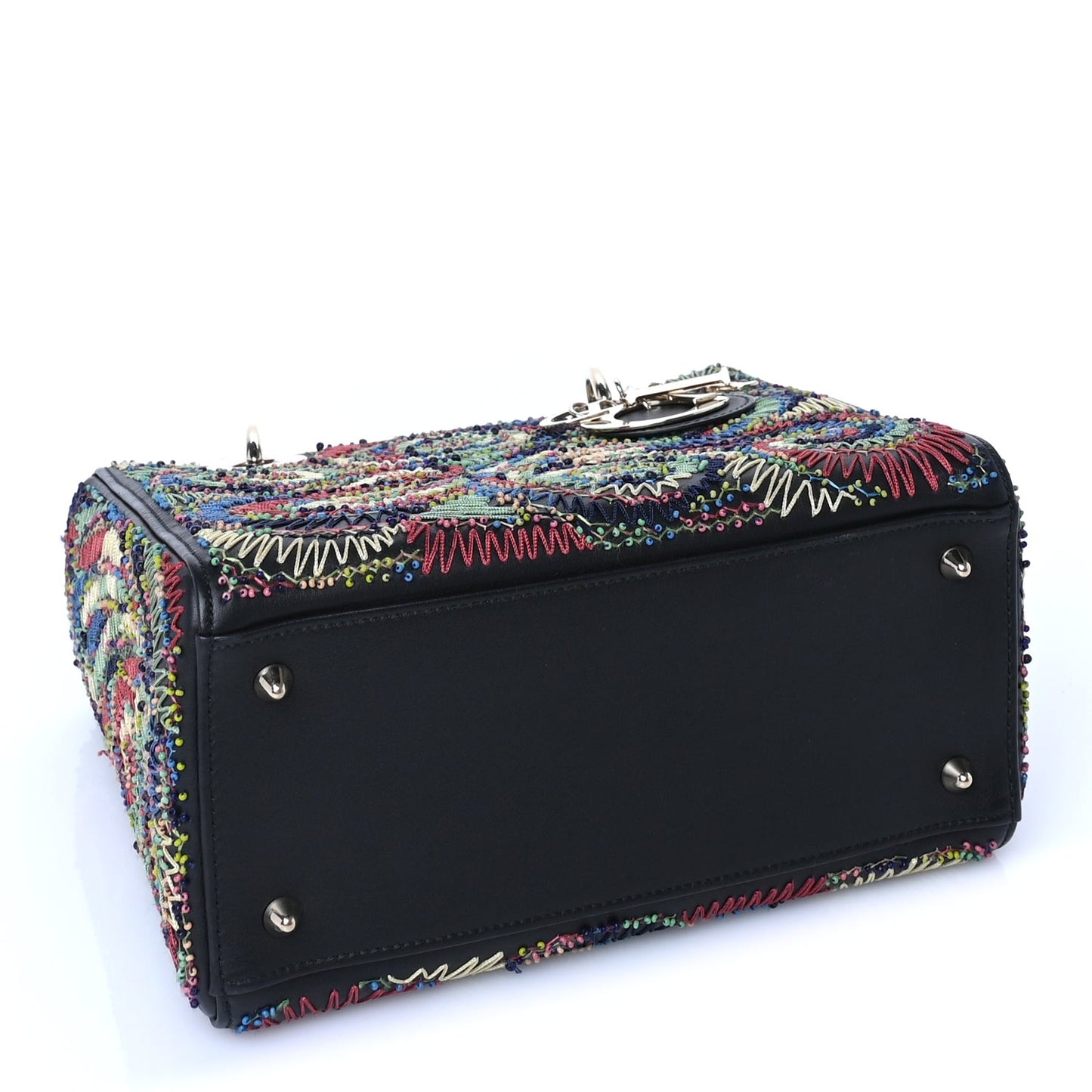 Calfskin Beaded Embroidered Medium Lady Dior  Black Multicolor
