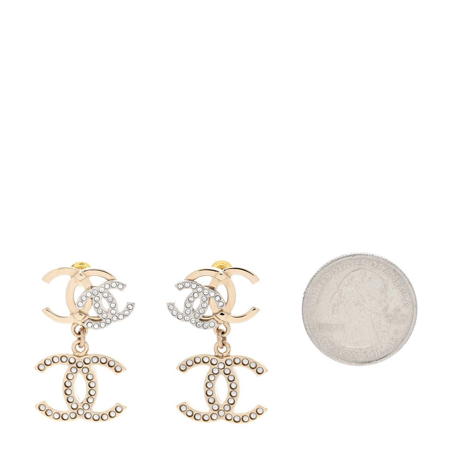 Crystal Pearl Double CC Drop Earrings Gold Silver