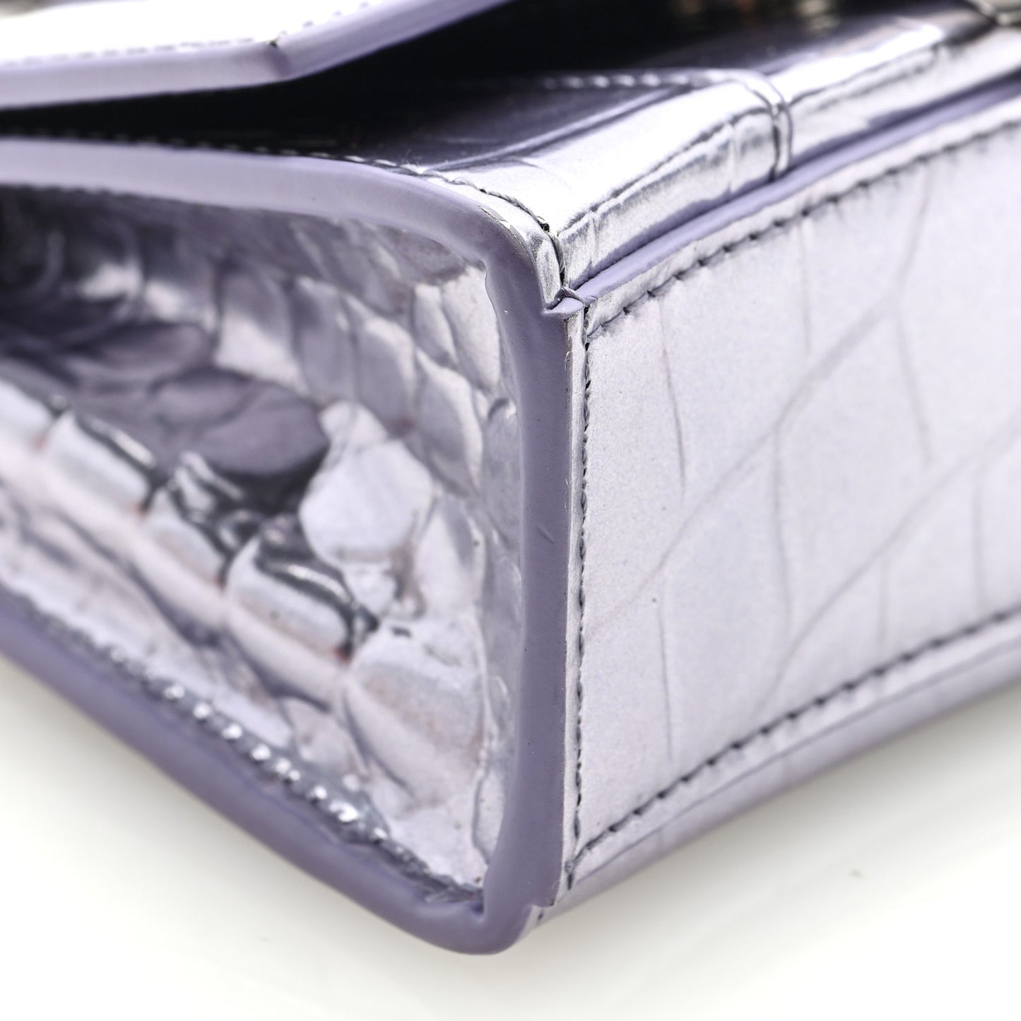 Metallic Calfskin Crocodile Embossed Hourglass Top Handle Bag Mini with Chain Lilac
