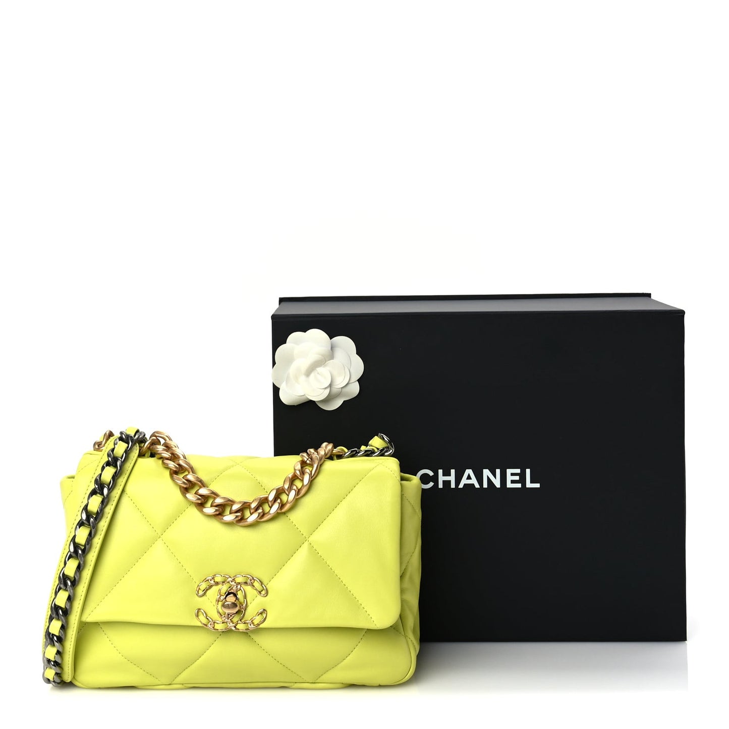Shiny Lambskin Quilted Medium  19 Flap  Neon Yellow