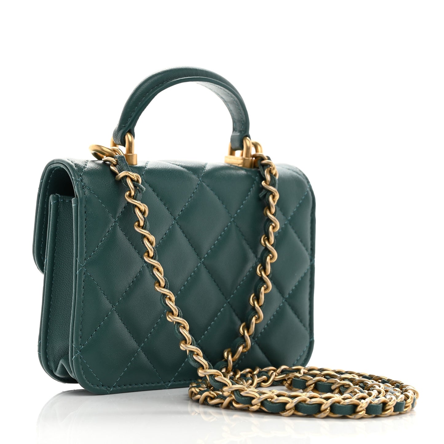 Lambskin Quilted Top Handle Flap Coin Purse With Chain Green