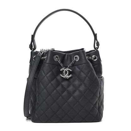 Chanel Caviar Flat Quilted CC Chain Bucket Drawstring Bag Black 1 of 11
