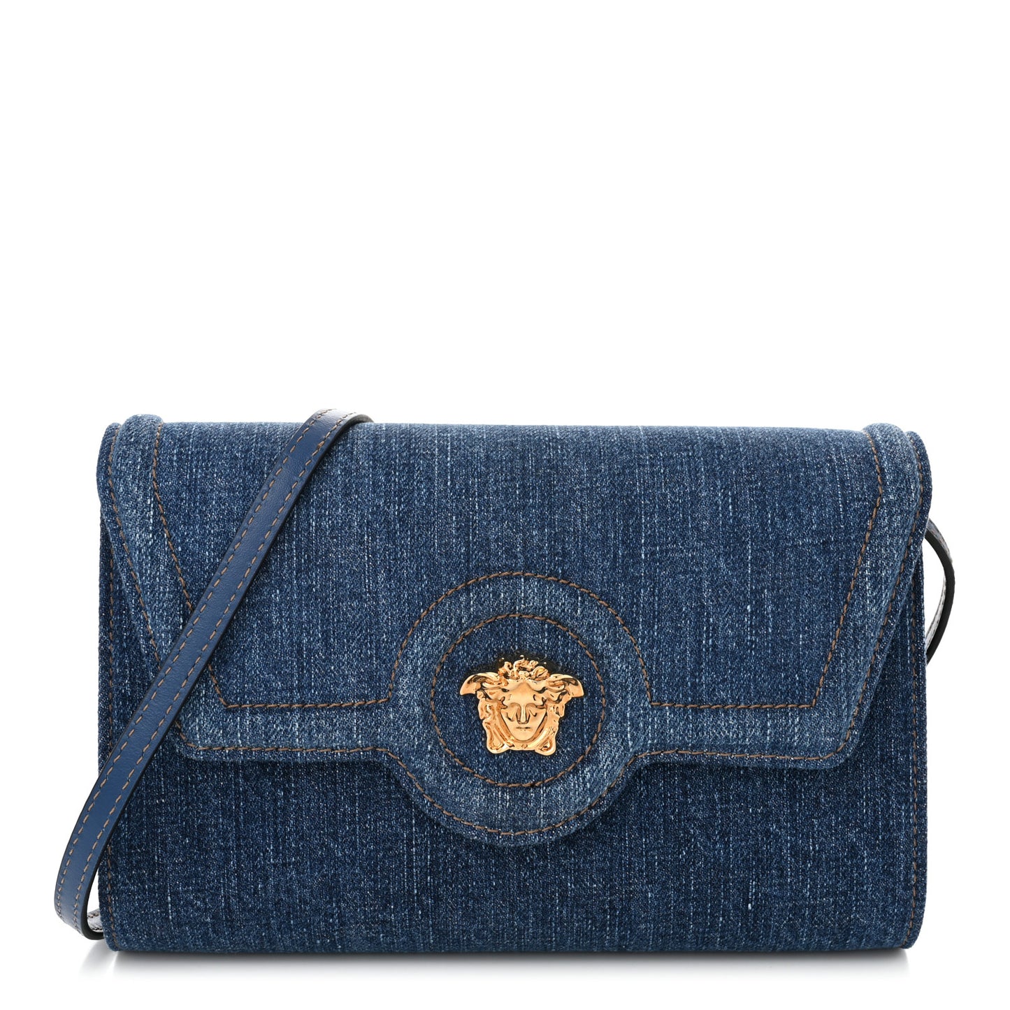 Denim La Medusa Wallet On Strap Navy Blue