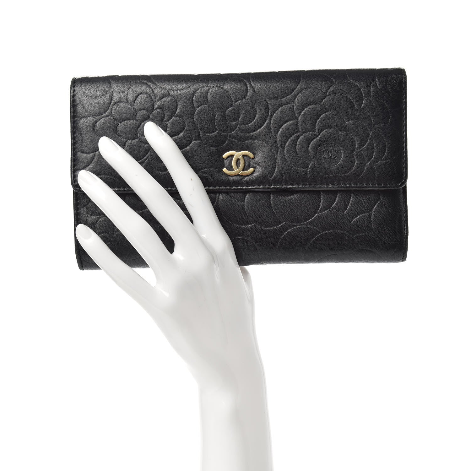 Chanel Lambskin Camellia Embossed Large Flap Wallet Black 2 of 7