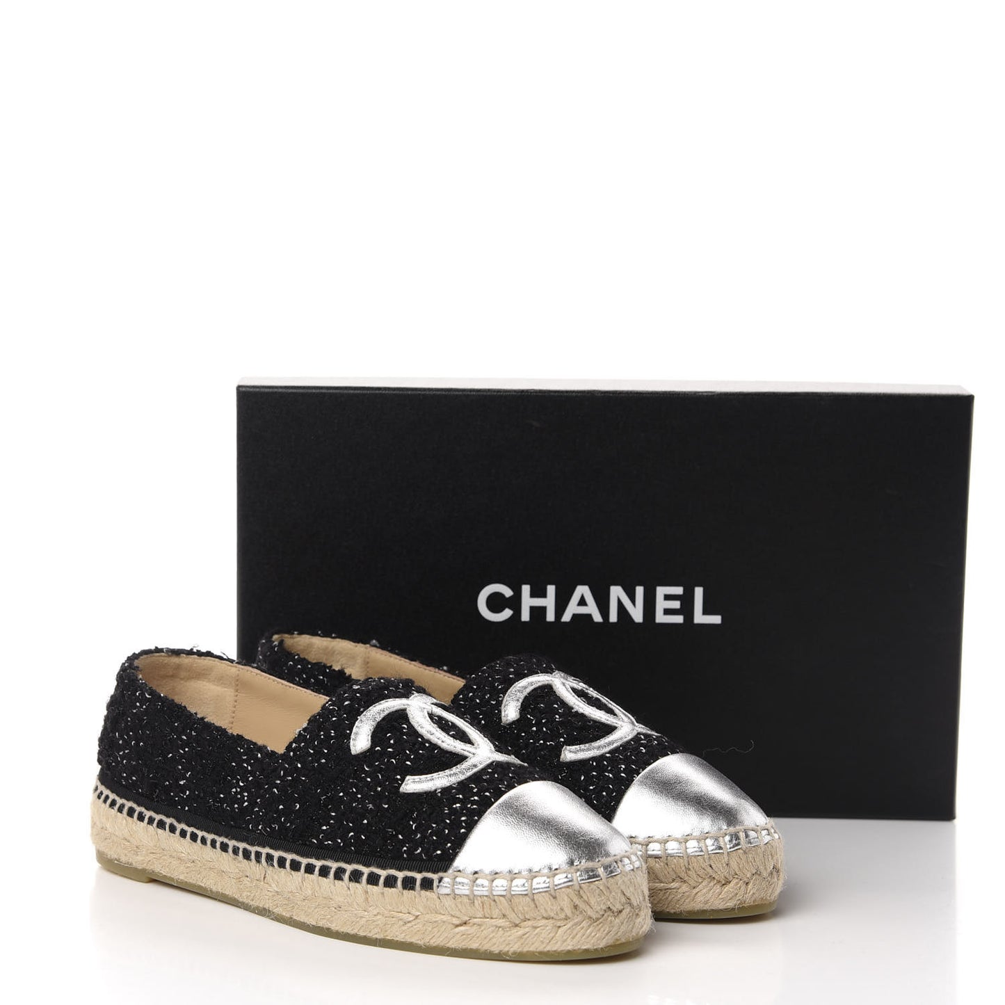 Metallic Lambskin Tweed CC Espadrilles 36 Black Silver