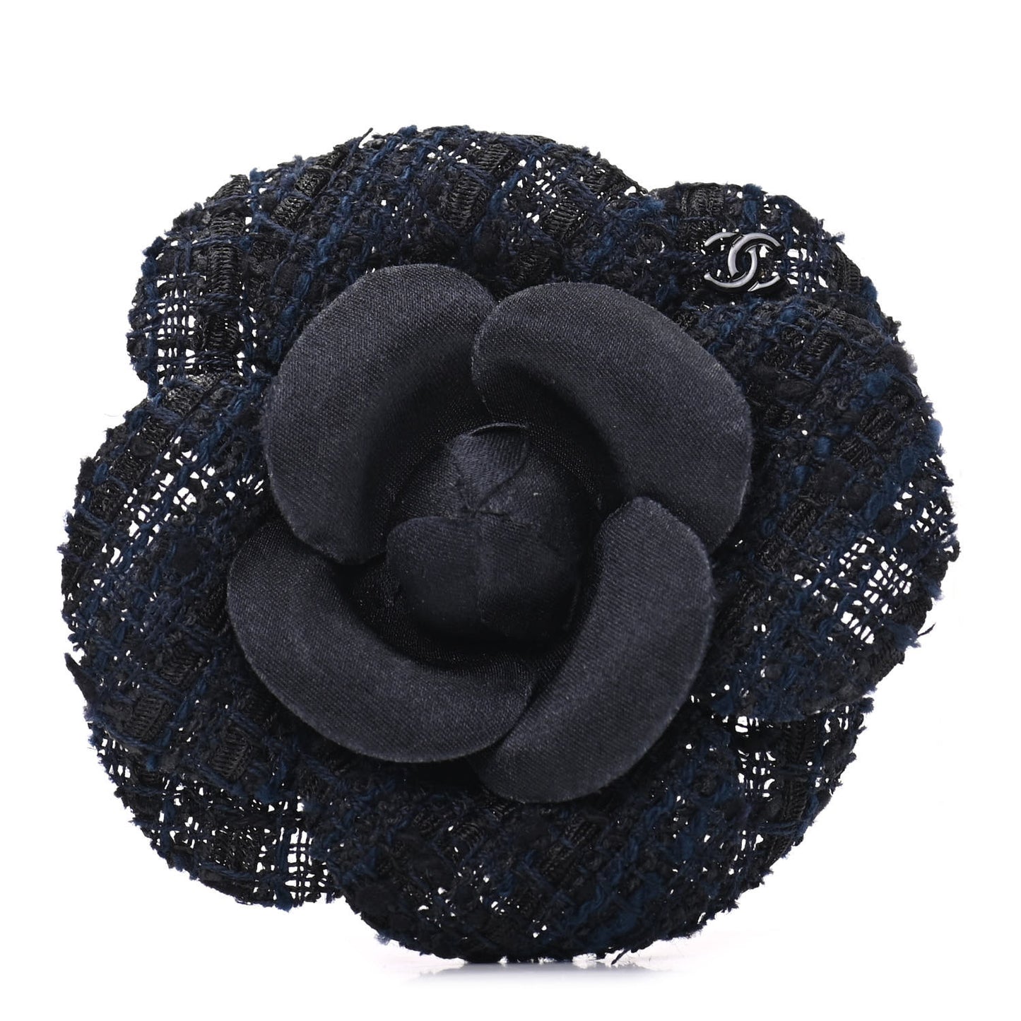 Tweed Camellia Pin Brooch Navy Blue