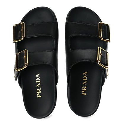 Prada Vitello Sport Metal Triangle Logo Womens Double Buckle 20mm Slide Sandals Black 2 of 9