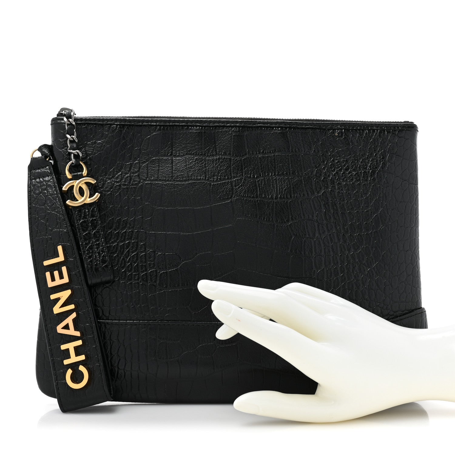 Chanel Calfskin Crocodile Embossed Quilted Medium Gabrielle Cosmetic Case Black 2 of 10