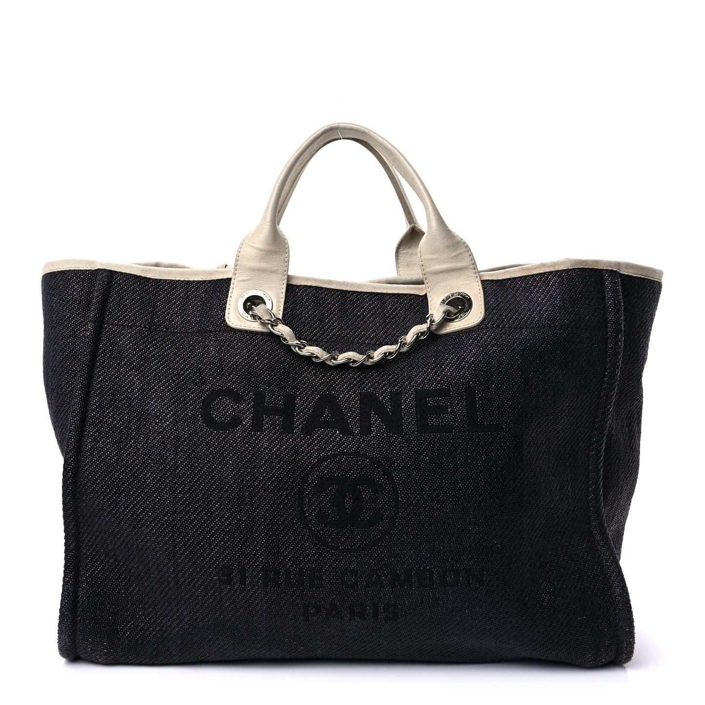 Woven Straw Raffia Medium Deauville Tote Black White