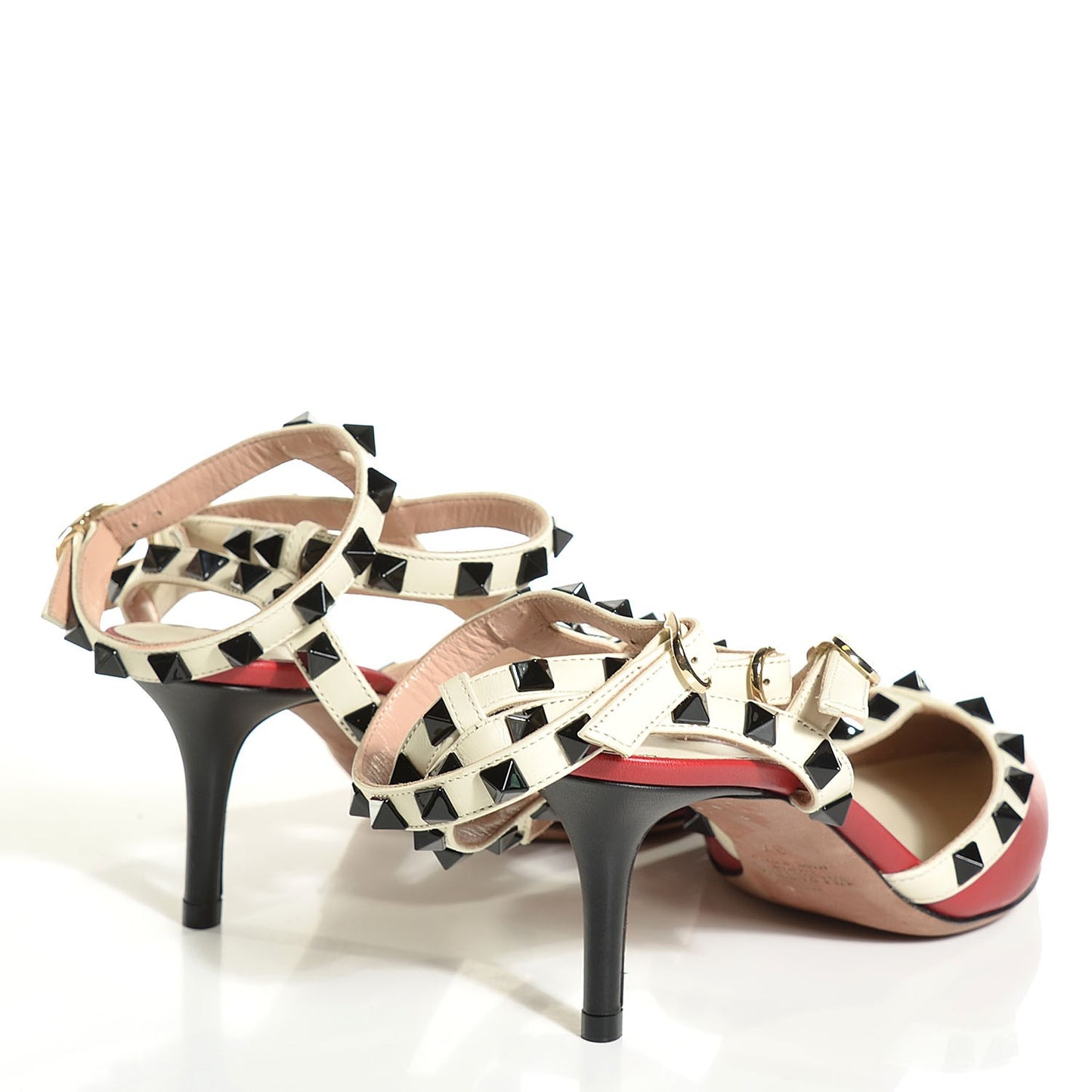 Nappa Rockstud Ankle Strap Low Heel Pumps 37 Red Ivory