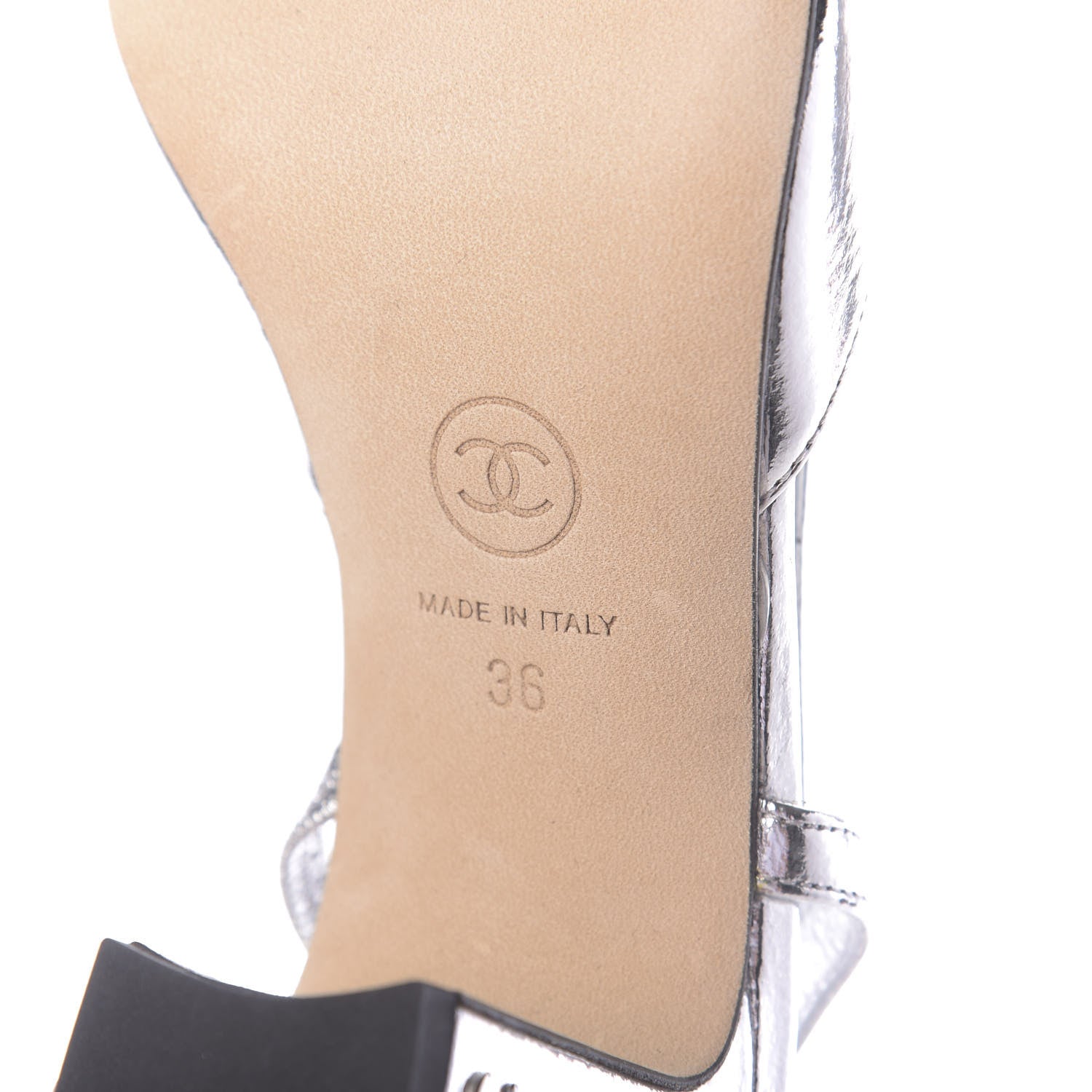 Chanel Laminated Lambskin Grosgrain Cap Toe CC Slingback Sandals 36 Silver Black 8 of 13