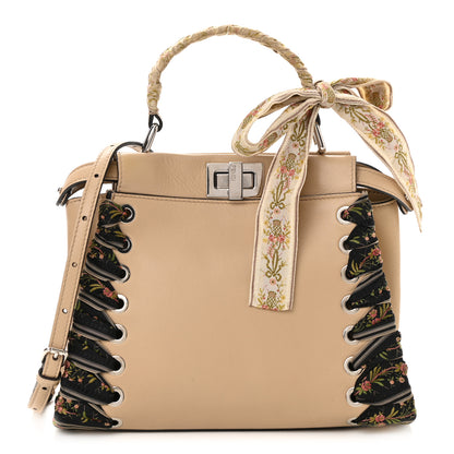 Fendi Nappa Ribbon Lace Up Mini Peekaboo Iconic Satchel Beige 1 of 10